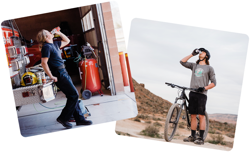Two images: one of a person in a garage and another of a person on a bike in a desert setting.